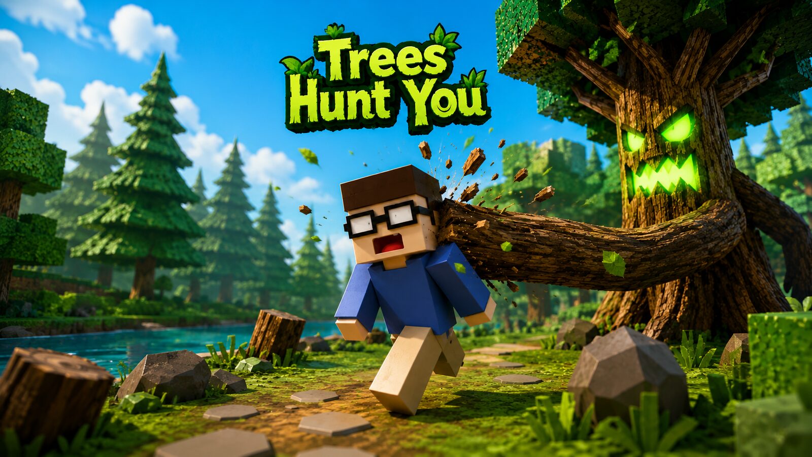 Trees Hunt You — a blocky hero fleeing a glowing-eyed evil tree